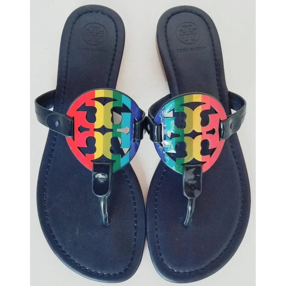 TORY BURCH Rainbow Leather BIG Medalion Slides/Thongs/Flat Sandals Sz 8.5M